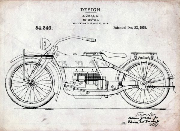Harley Motorcycle Patent 1919 HMP1 - Framed Vintage Artwork from Interior Elements, Eagle WI
