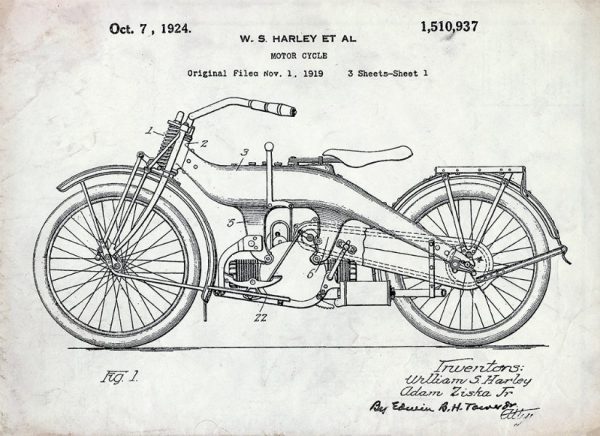 Harley Motorcycle Patent 1924 HMP2 - Framed Vintage Artwork from Interior Elements, Eagle WI