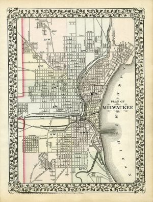 Milwaukee Map 1873 MM73 - Framed Antique Map / Artwork from Interior Elements, Eagle WI