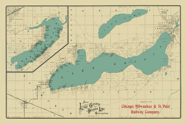 Geneva-Lake-Delavan-Lake-1907-Railroad-Map-MapGLDRR - Framed Antique Map / Artwork from Interior Elements, Eagle WI