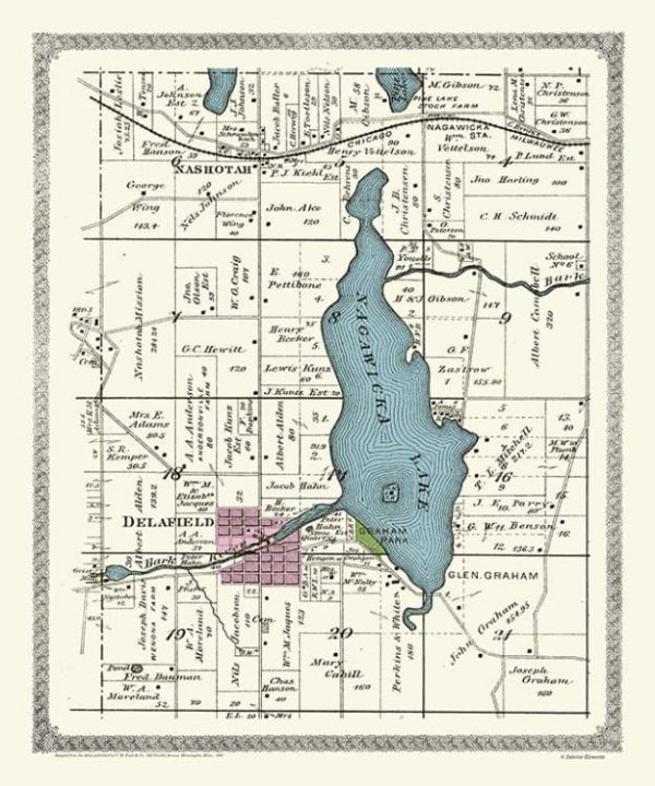 Plat-Map-Nagawicka-Lake-1891-PMNL1891 - Framed Antique Map / Artwork from Interior Elements, Eagle WI