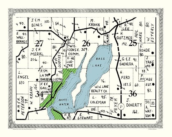 Whitewater-Lake-1952-Map-PMWWL - Framed Antique Map / Artwork from Interior Elements, Eagle WI