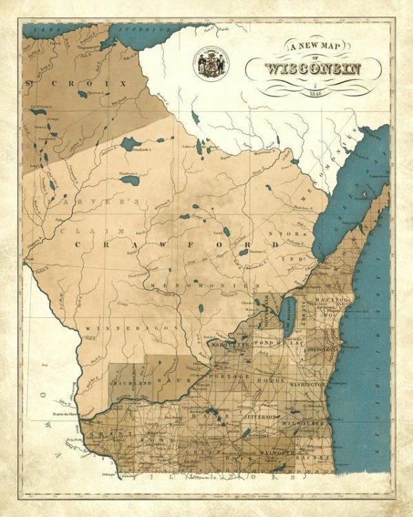 1846 Wisconsin Map 24x30 Adjusted Framed Map from Interior Elements, Eagle WI