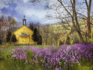 Church w purple wildflowers
